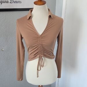 Ambiance Ruched Drawstring Collared Crop Top - Brown Small